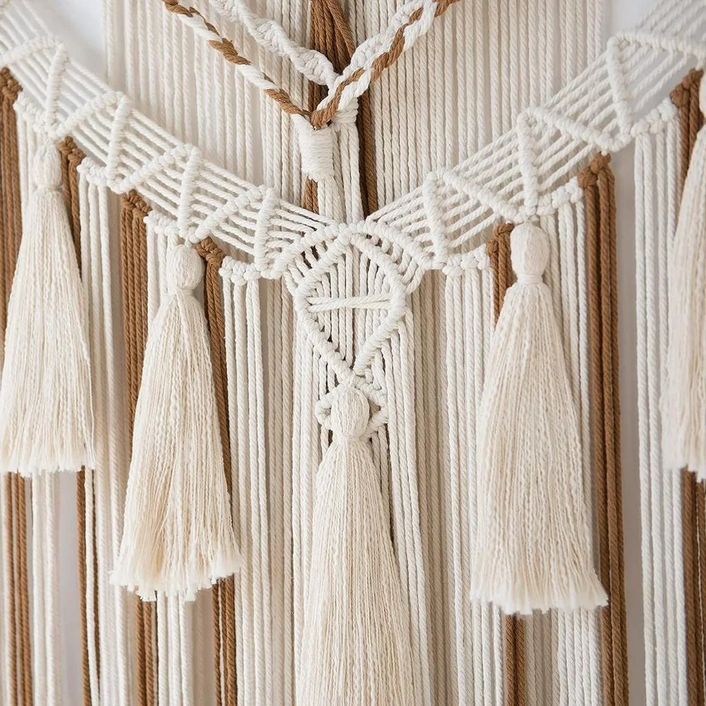 Boho Macrame Woven Brown Handmade Mid Century Modern Hanging Tassel Wall Decor